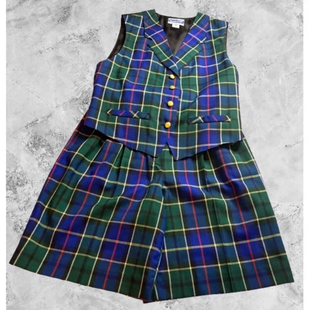 Pendleton Knockabout Vintage Wool Plaid Vest and Shorts Set Green Blue Size 8